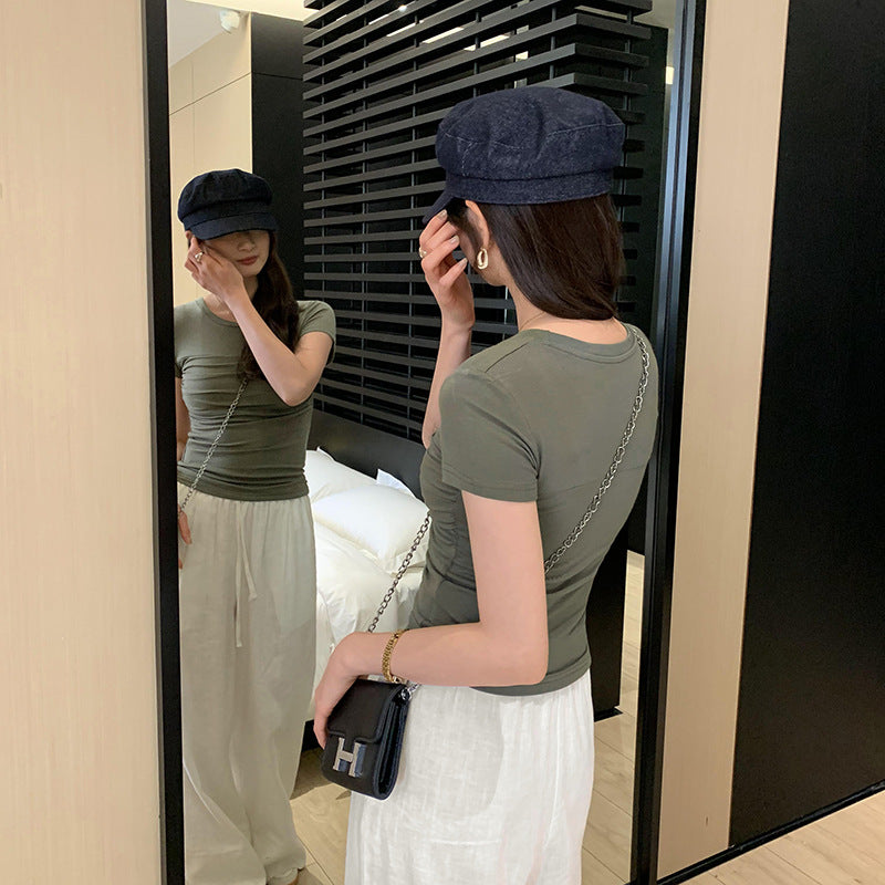 Alibaba Tencel Wool Skin-Friendly Right Shoulder Slim Short-Sleeved T-Shirt for Women Summer 2025 New American Hot Girl Top