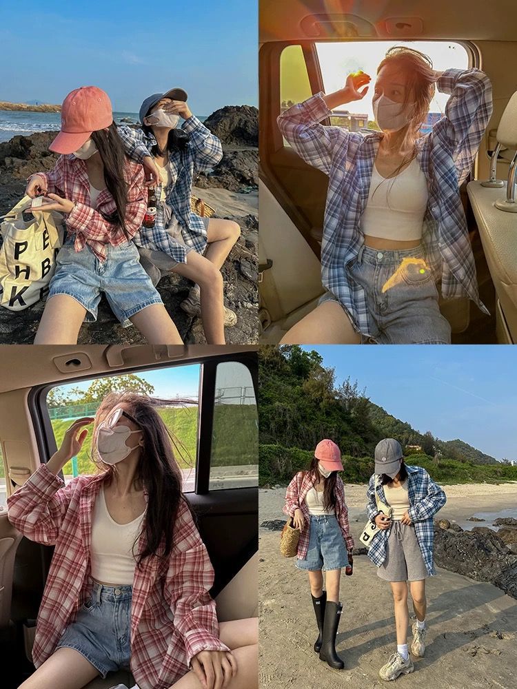 Cross-Border Japanese-Style Women's Autumn Tops Plaid Shirts Thin Sun-Protective Shirts Blouses Cross-Border Popular French-Style Plus-Size Casual