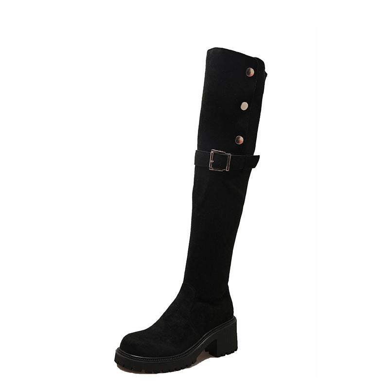 Foldable Over-The-Knee Stretch Boots for Women, New Korean Style Suede Fashionable Elegant Riding Boots with Thick Heels, Fashion Boots Wholesale