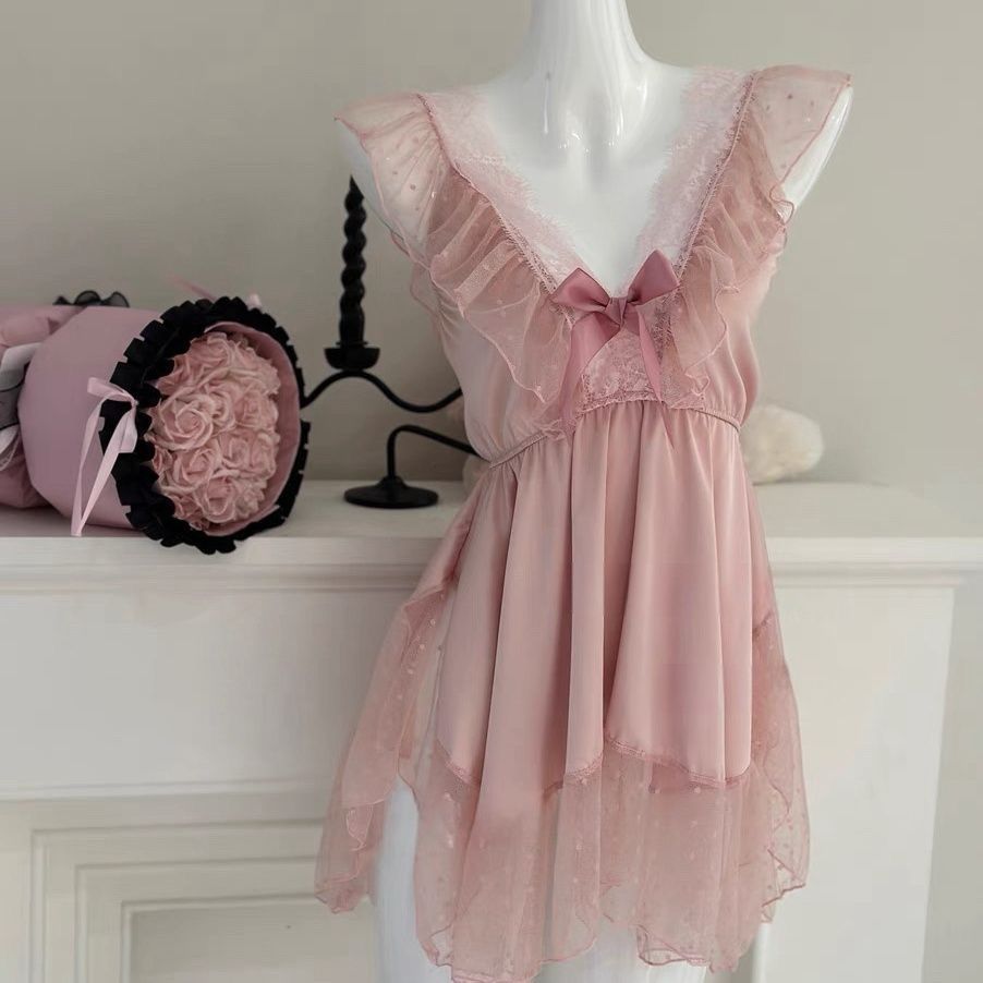 Purely Sensual Silky Slip Nightgown with Sexy Backless Lace Bow, Polka Dot Sleep Dress with a High-End Feel, Loungewear