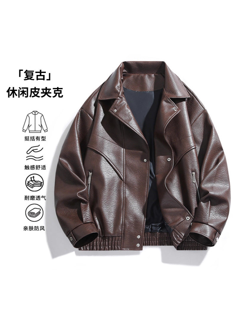 Solid Color American Retro Leather Jacket Men's Motorcycle New Leather Jacket Men's Pu Jacket Spring and Autumn Loose Trendy