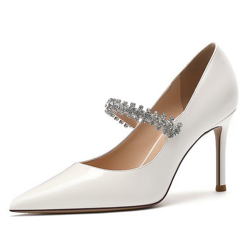 Rhinestone Pointed High Heels 2025 New White Wedding Shoes Patent Leather Nude Buckle Shoes Black Professional Shoes