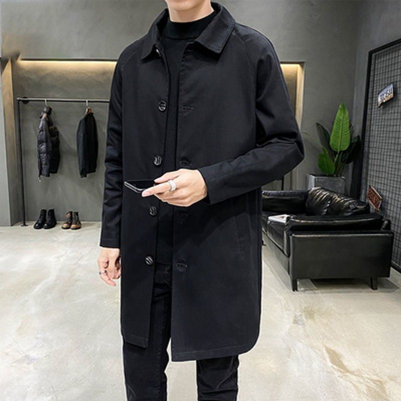 Lapel Simple Basic Windbreaker Men's Mid-length Loose Skin Windbreaker Spring and Autumn Pure Color Casual Thin Coat