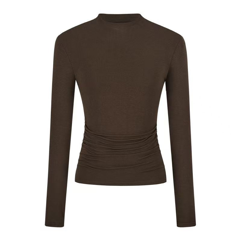 Hot Girl Pinch Waist Long-Sleeved T-Shirt for Women 2025 Spring & Fall New High-Neck Slim Slim Versatile Bottoming Shirt White Top