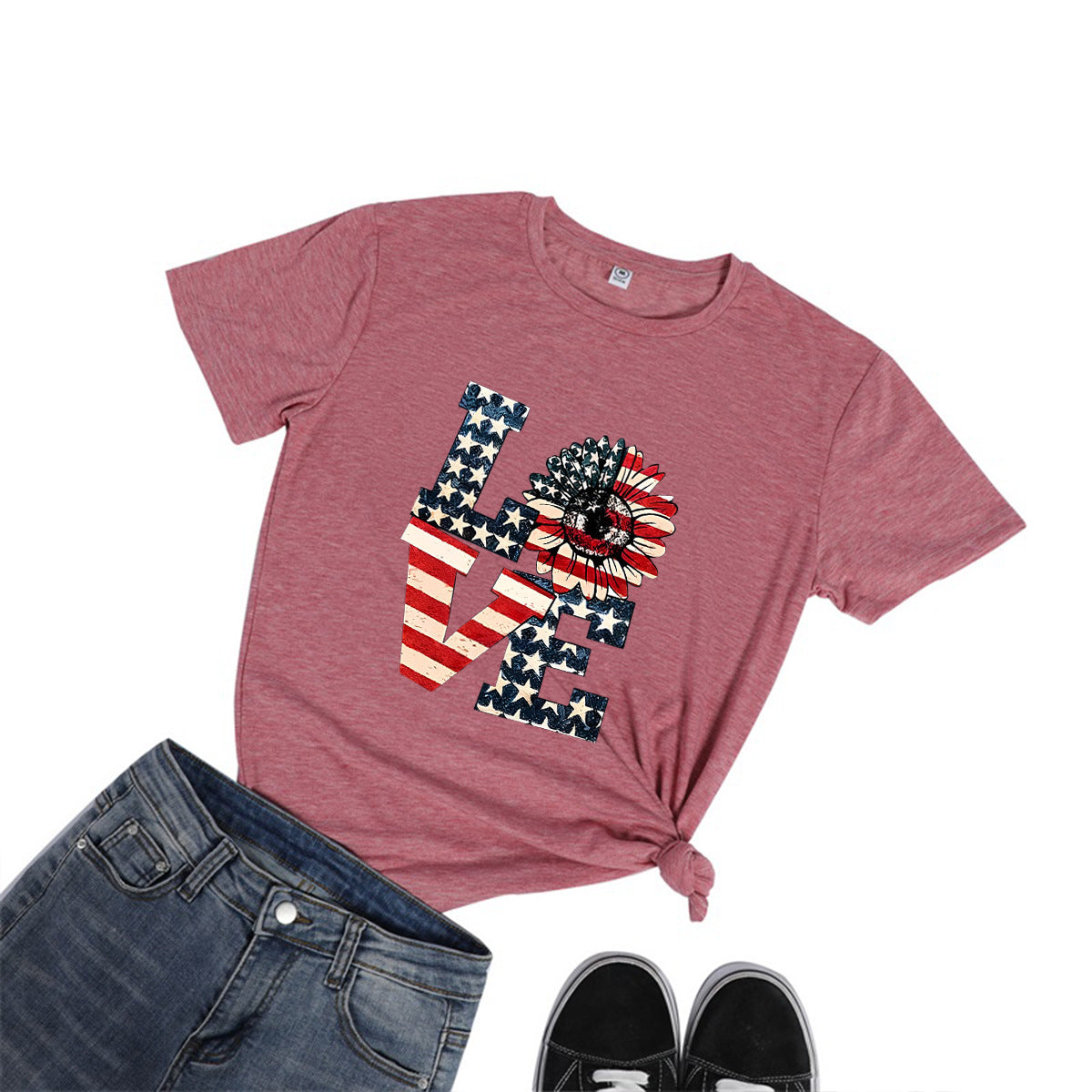 Round Neck American Independence Day T-Shirt Women Love American Flag Printed Top Colored Cotton T-Shirt