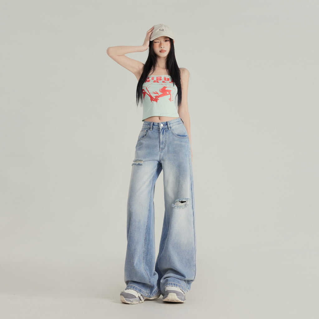 High Street Personality Light-Colored Ripped Jeans for Women, New Spring and Summer Loose Slimming Drapey Distressed Straight Wide-Leg Pants
