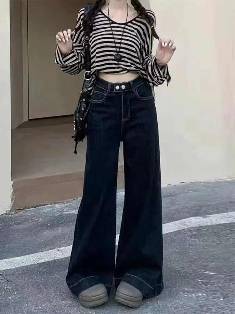 Two-button Wide-leg Jeans All-match 2024 Small Stretch High Waist Dipped Pants for Women