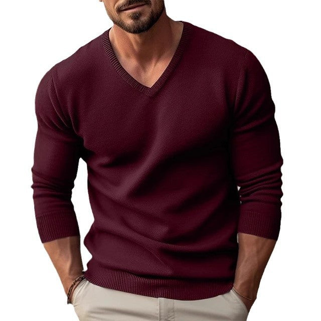 Cross-border Autumn and Winter Foreign Trade European and American Men's Knitwear V-neck Slim-fit Solid Color Long-sleeved Sweater Men's Pullover Base Sweater