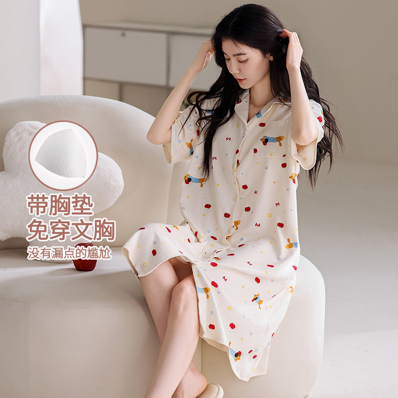 Pajamas for Women, Summer Pure Cotton Short-Sleeved Nightgown, Cardigan, Casual Loose, Large Size Mid-Length Skirt with Breast Pads, Can Be Worn Outside