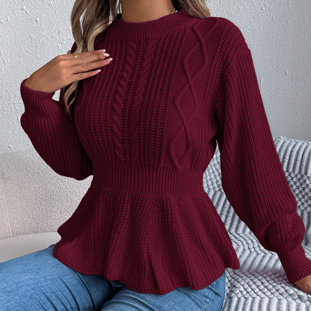 Real Shot of Autumn and Winter European and American Style Solid Color Cable Knit Waist-Cinching Ruffled Long-Sleeve Pullover Sweater, Independent Cross-Border Women's Fashion