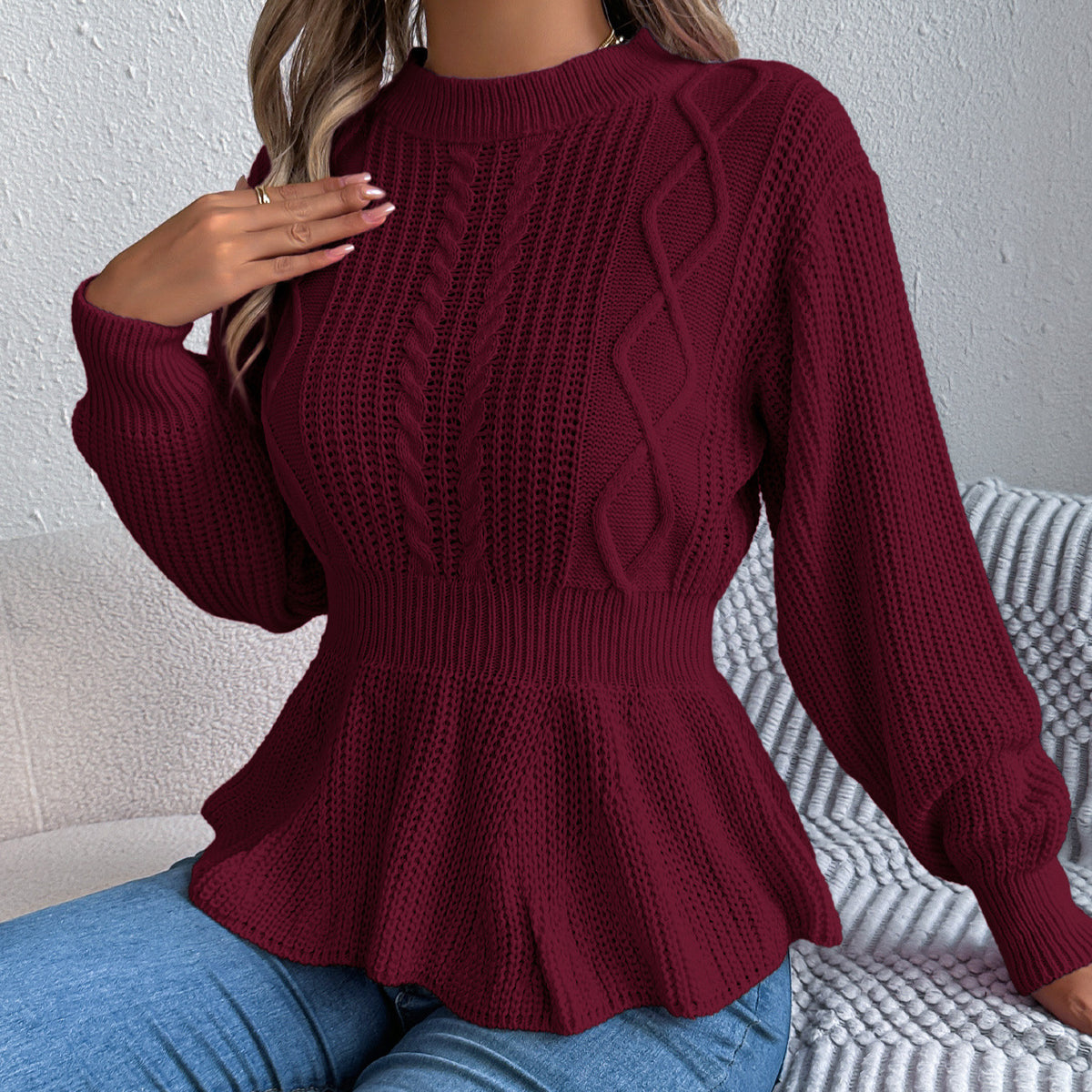 Real Shot of Autumn and Winter European and American Style Solid Color Cable Knit Waist-Cinching Ruffled Long-Sleeve Pullover Sweater, Independent Cross-Border Women's Fashion