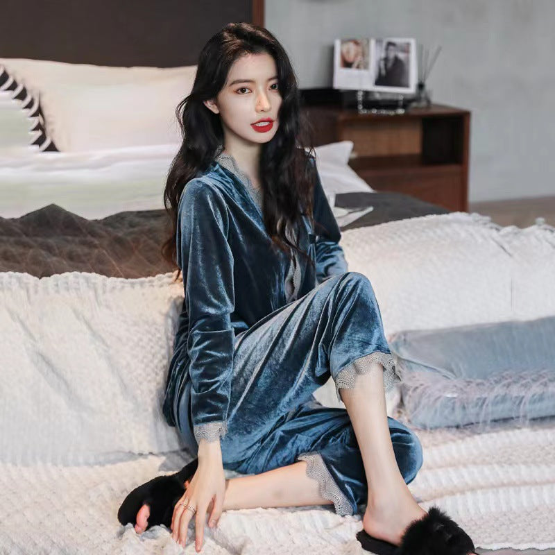 Pajamas women's winter soft high-grade gold velvet pajamas slimming two-piece set can be worn outside plus size pajamas wholesale