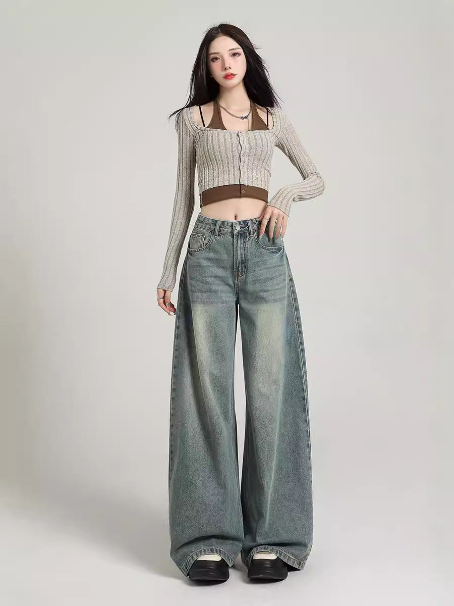 Vintage Lazy-Style Wide-Leg Jeans for Women, Korean Version, Spring 2026 New Model, Loose Fit, Slimming, High-Waisted, Straight-Leg, Floor-Length Pants