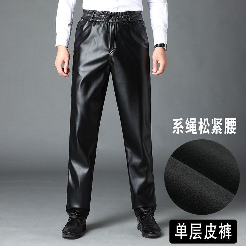 Leather pants men's fleece-lined thickened middle-aged and elderly men's leather pants work pants Waterproof high waist loose autumn and winter PU leather