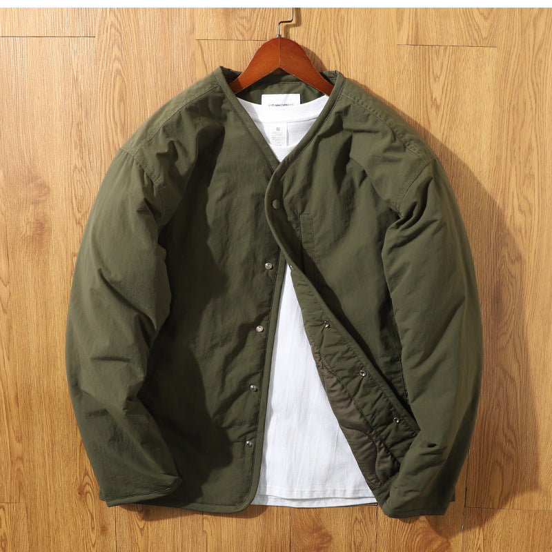 Japanese Retro Collarless Quilted Jacket Men's Windproof Workwear Layered V-Neck Snap Cotton Coat Men