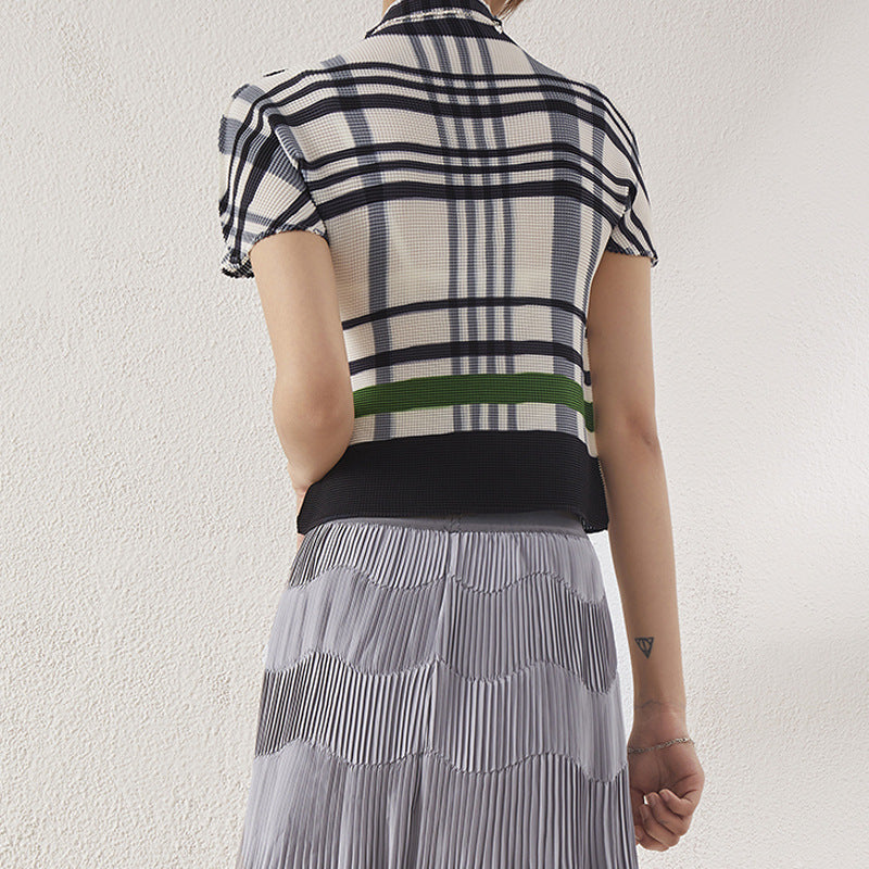 Miyake Half Turtleneck Half-Sleeved T-Shirt for Women Summer New Stereo Design Pleated Printed Short-Sleeved Top