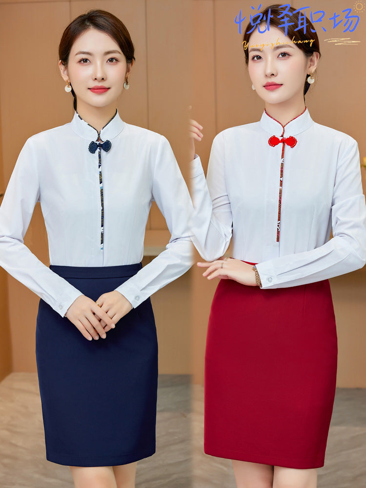 White Shirt Women's Vertical Collar Slim-fit Slimming Top with Buckle Korean Style Elegant Hotel Front Desk Attendant Professional Shirt
