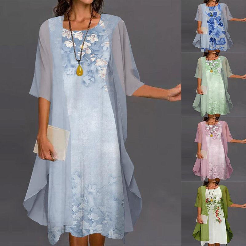 European and American Amazon Summer Women's Casual dress Two-Piece Flower-Print Round Neck Slim-Fit Dress Women