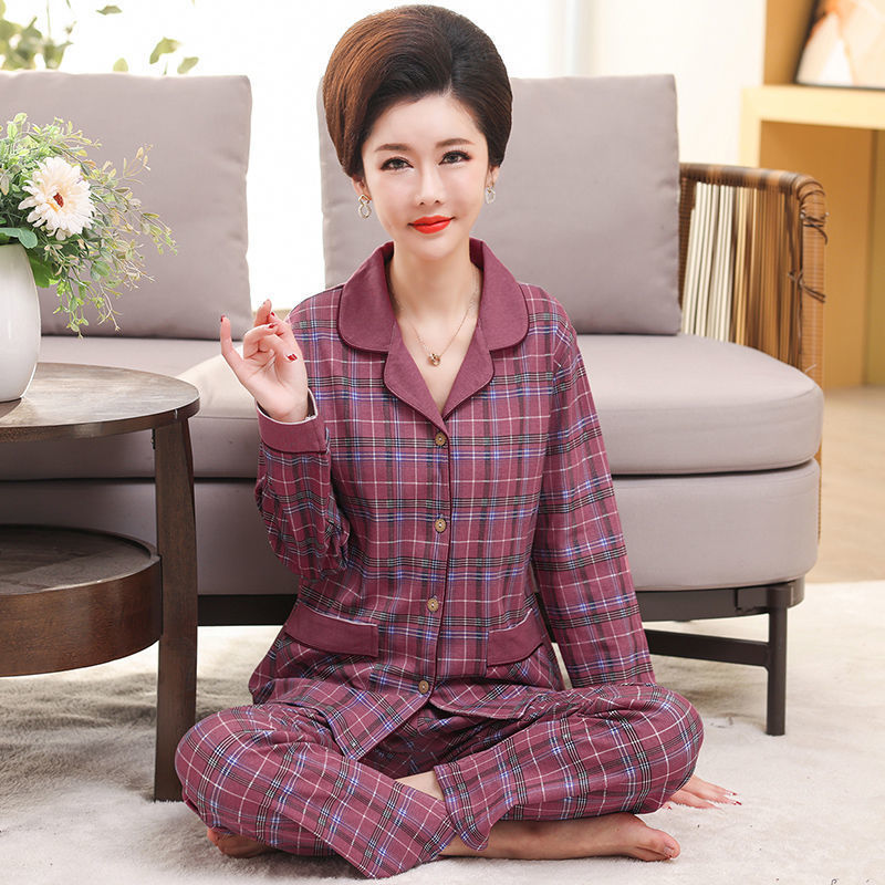 Middle-aged women's 100 cotton pajamas women's summer long-sleeved pajamas middle-aged and elderly mother's home clothes thin suit