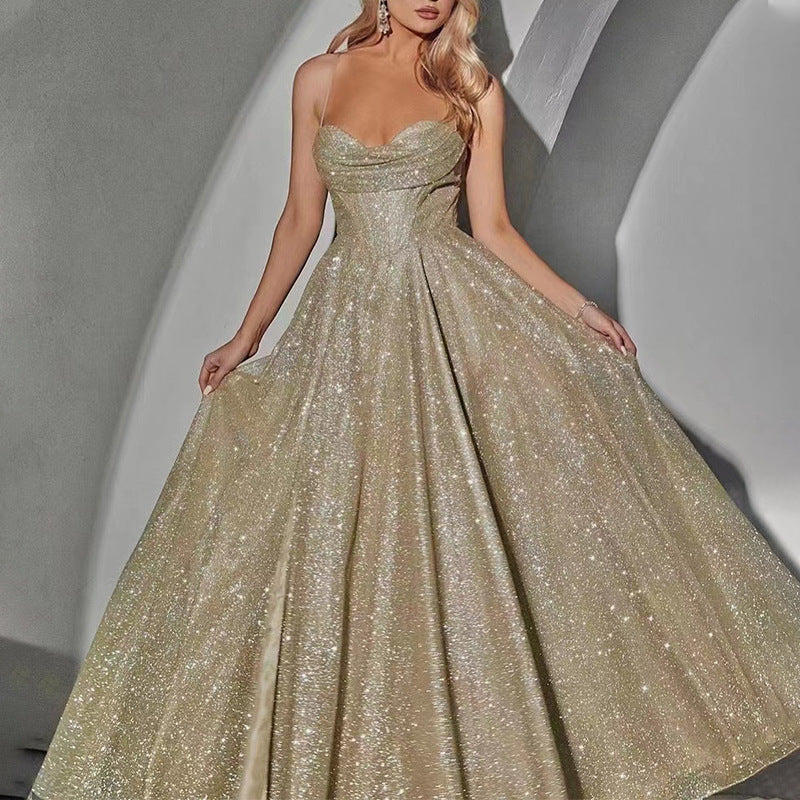 2025 New European and American Cross-Border Women's Clothing Amazon Long Skirt Sleeveless Tube Top Sprinkled with Gold Sexy Suspender Dress