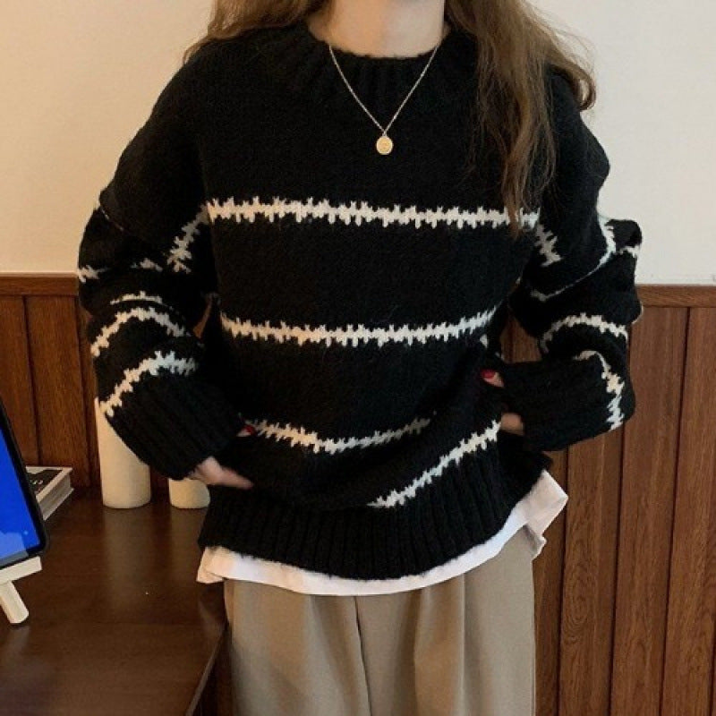 Vintage Japanese-Style Lazy Loose Sweater for Women, Thickened Autumn and Winter New Long-Sleeve Striped Half-High Collar Knitwear