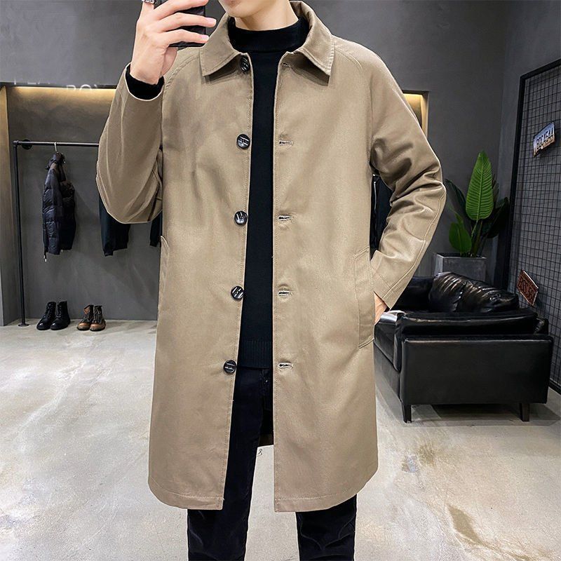 Lapel Simple Basic Windbreaker Men's Mid-length Loose Skin Windbreaker Spring and Autumn Pure Color Casual Thin Coat