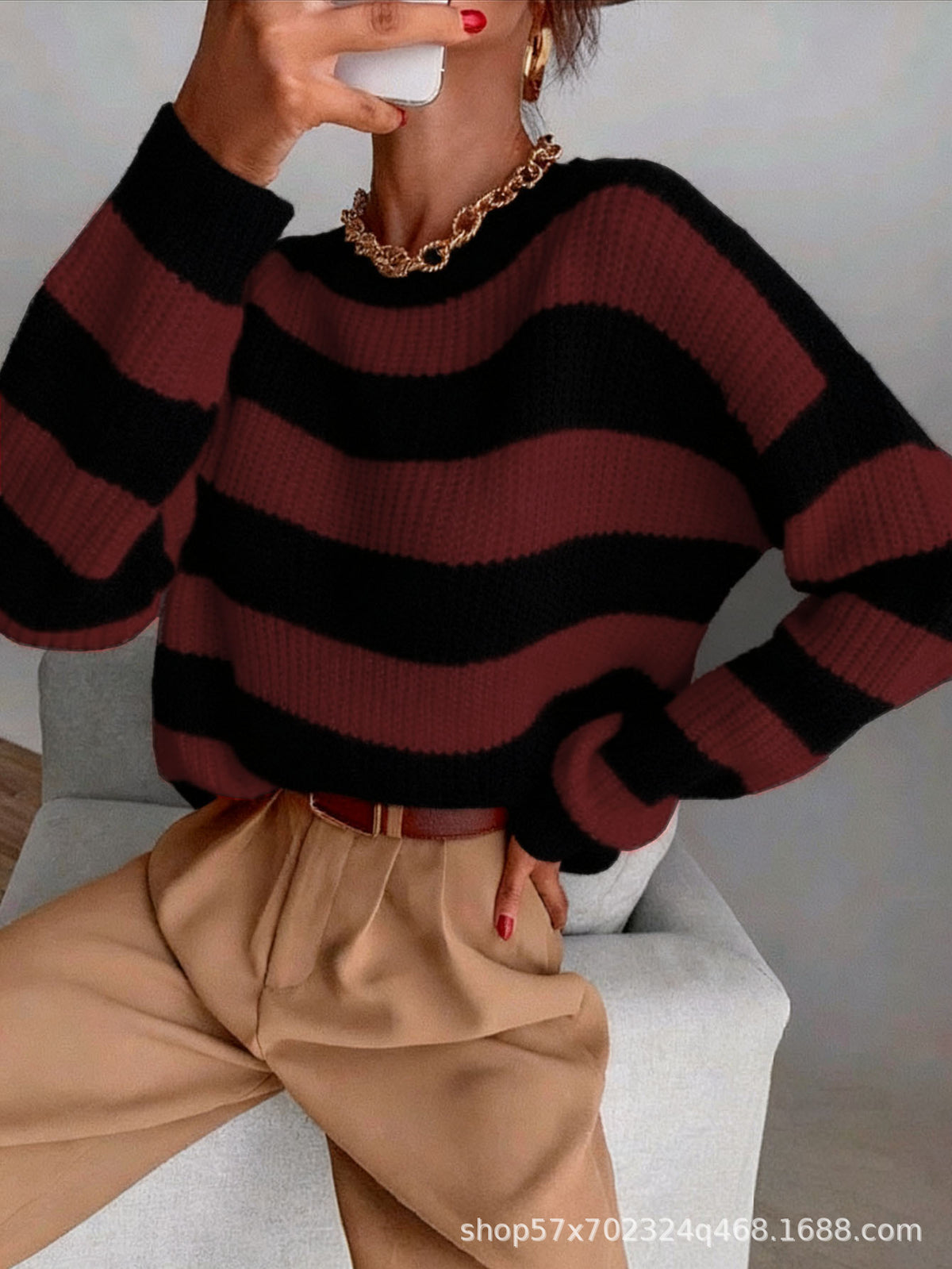 European and American Cross-Border Autumn and Winter New Striped Loose Sweater Women's Long-Sleeved Knitwear
