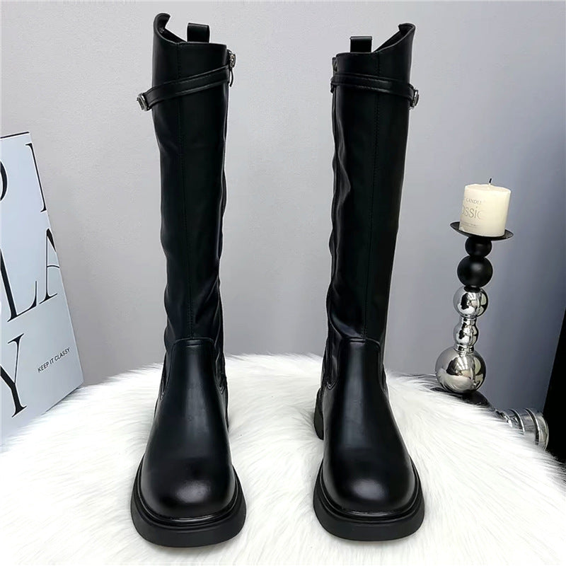 Genuine Leather Thick-Soled Boots for Women 2025 Autumn and Winter New V-Mouth High Knight Boots for Small People but No More Than Knee Boots for Women