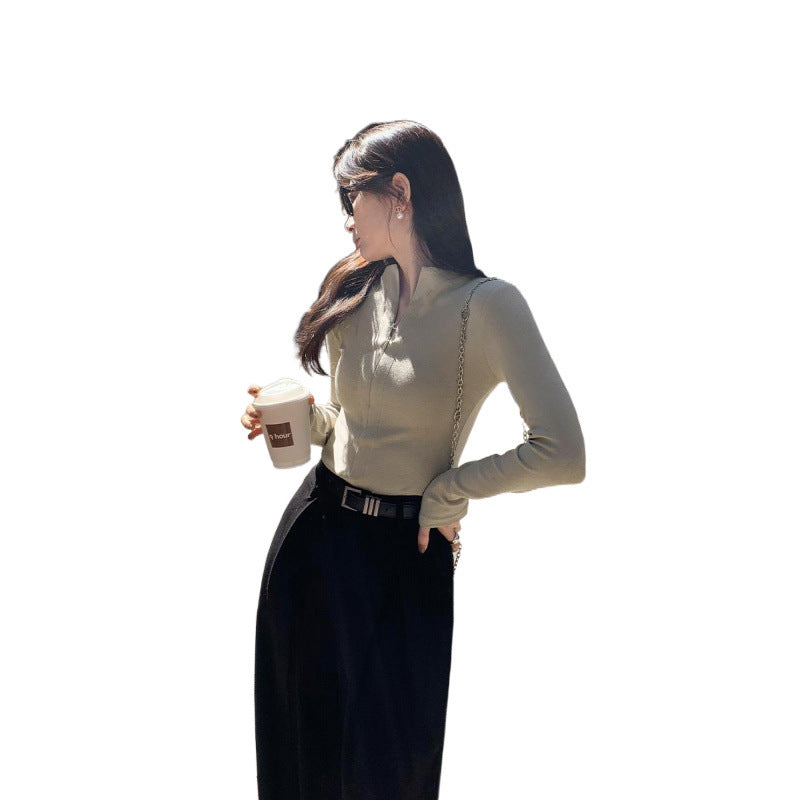 Foreign Trade Zip-Up Slim-Fit Inner Layering Shirt for Women, Spring 2026 Autumn/Winter Niche Style, Can Be Worn Outside, Long-Sleeve T-Shirt Top
