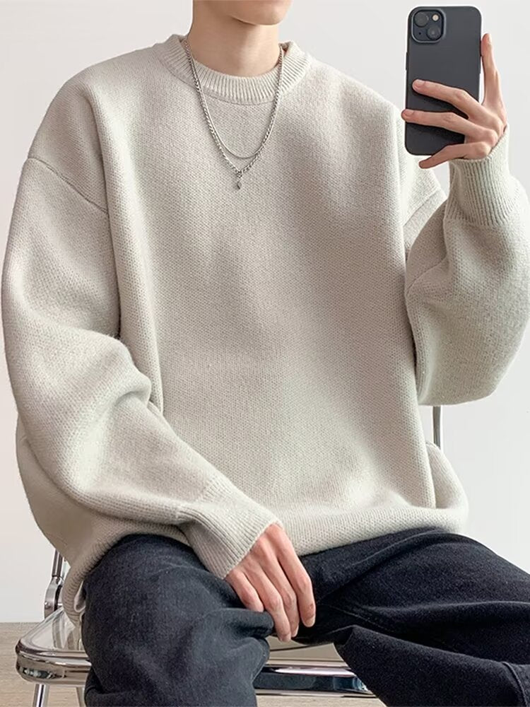 Sweater Men's Autumn and Winter Lazy Style American Style Retro High-end Sense Loose Casual Solid Color Pullover Base Knitted Sweater