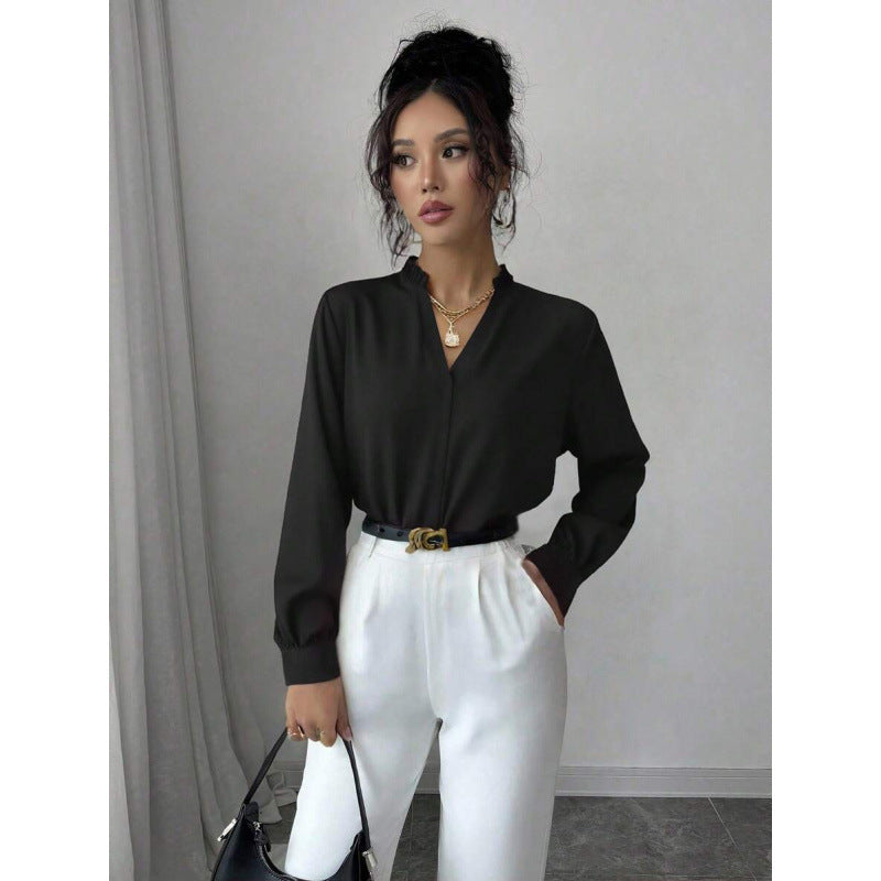 Cross-Border Export New Dropshipping Aliexpress Blouses V Neck Shirt Long-Sleeved Tops