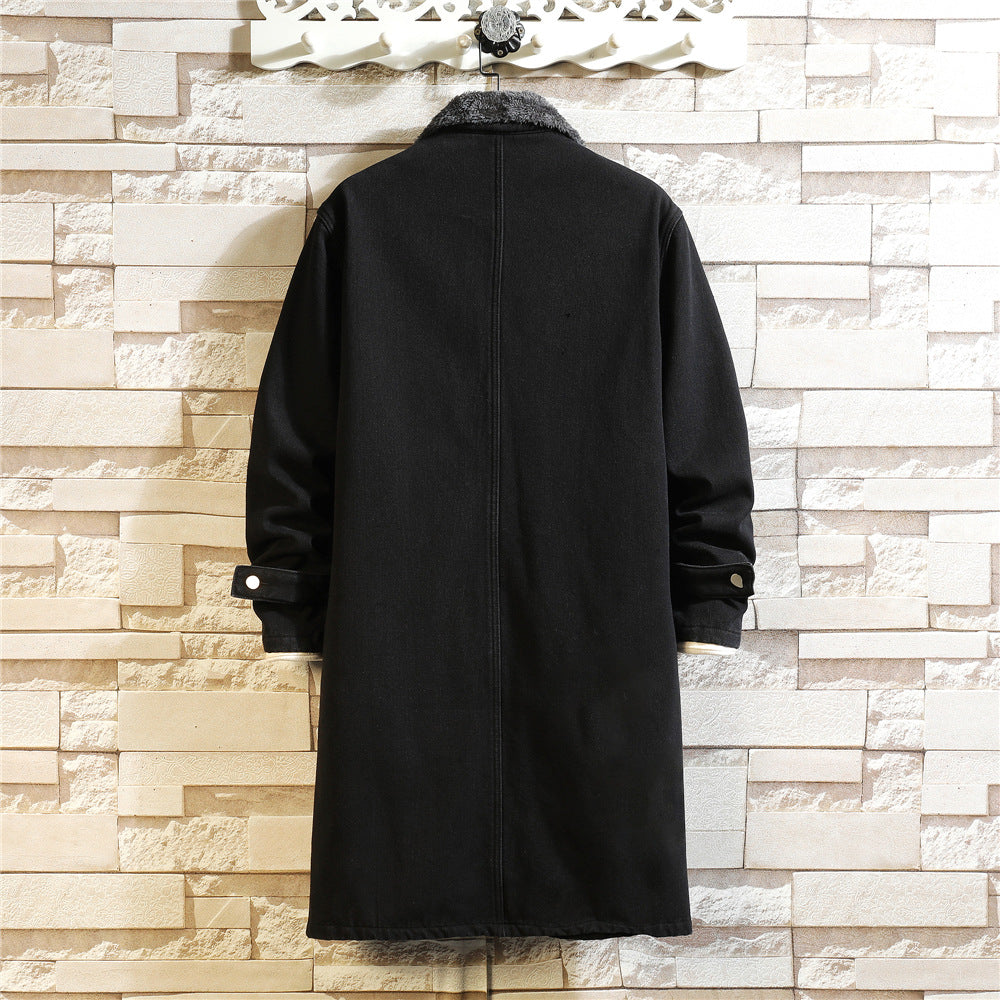Men's Denim Trench Coat, Mid-Length, Autumn and Winter, Japanese Style, Trendy Brand, Plus Size, Vintage, Loose Fit, Fleece-Lined, Turn-Down Collar Jacket