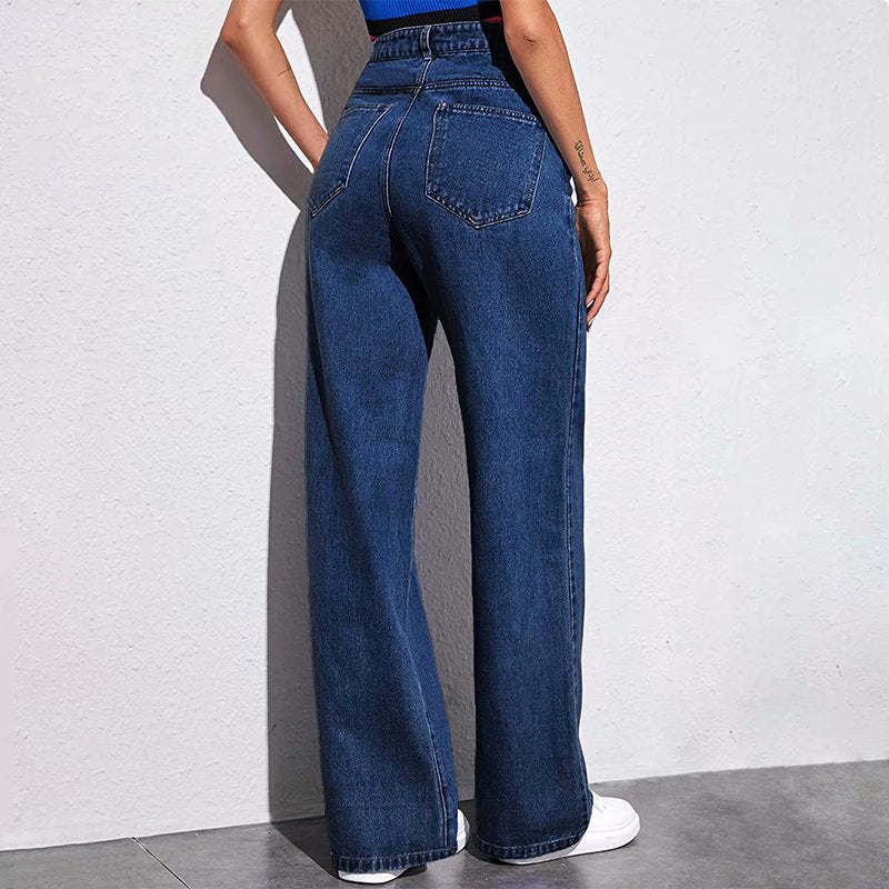 American Retro Wide-Leg Jeans for Women, High-Waisted, Loose-Fitting, New Spring and Autumn Style, Straight-Leg Pants, Slimming for Pear-Shaped Body