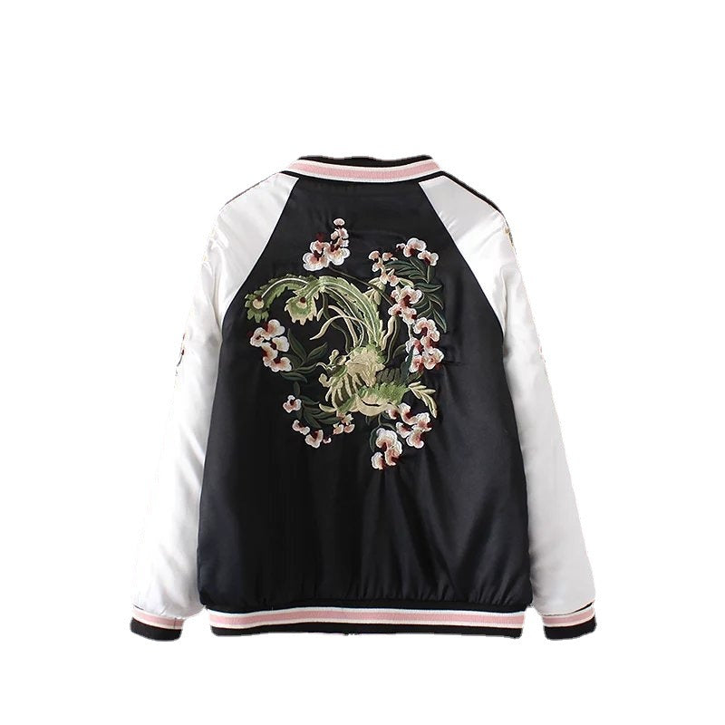 Long-term Spot Jacket Coat European and American Women's Flower Embroidered Jacket Two-sided Baseball Suit Women's Satin Jacket