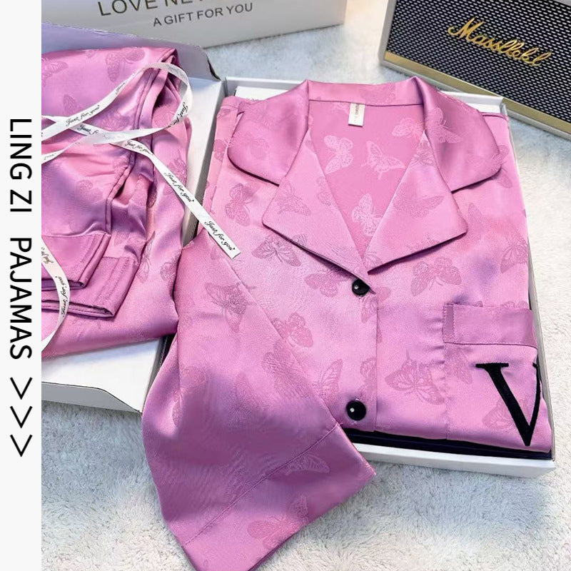 2025 New Ice Silk Pajamas Women's Long Sleeve Lapel Bow Jacquard High-end Simple Home Clothes suit