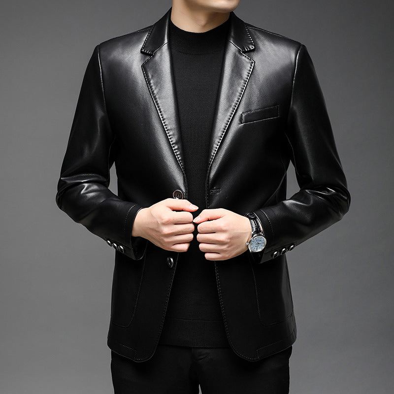 Leather coat men's autumn and winter new men's soft leather suit collar leather coat men's two-button casual leather suit cross-border