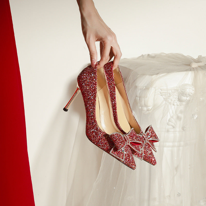 829-111 Pointed High Heel New Red Xiuhe Dress Wedding Shoes Bow Chinese Not Tired Bride High Heels
