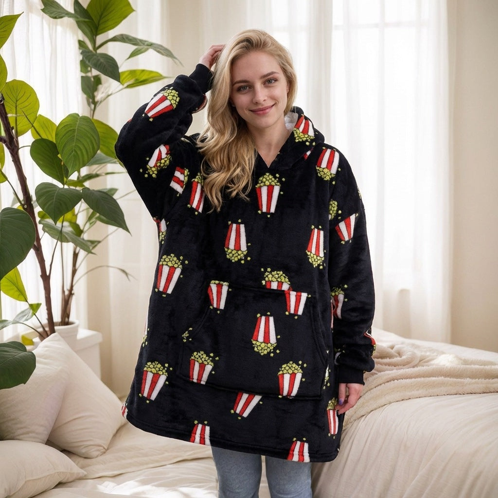 2021 Winter Fleece-Lined Thickened Navy Blue and Dark Gray Zip-Up Lazy Blanket Long-Sleeve Casual Flannel Hoodie