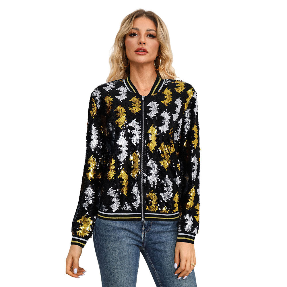 10393 Cross-border Amazon Autumn and Winter Women's Long Sleeve Jacket Slim-fit Elegant Commuter Sequin Baseball Suit