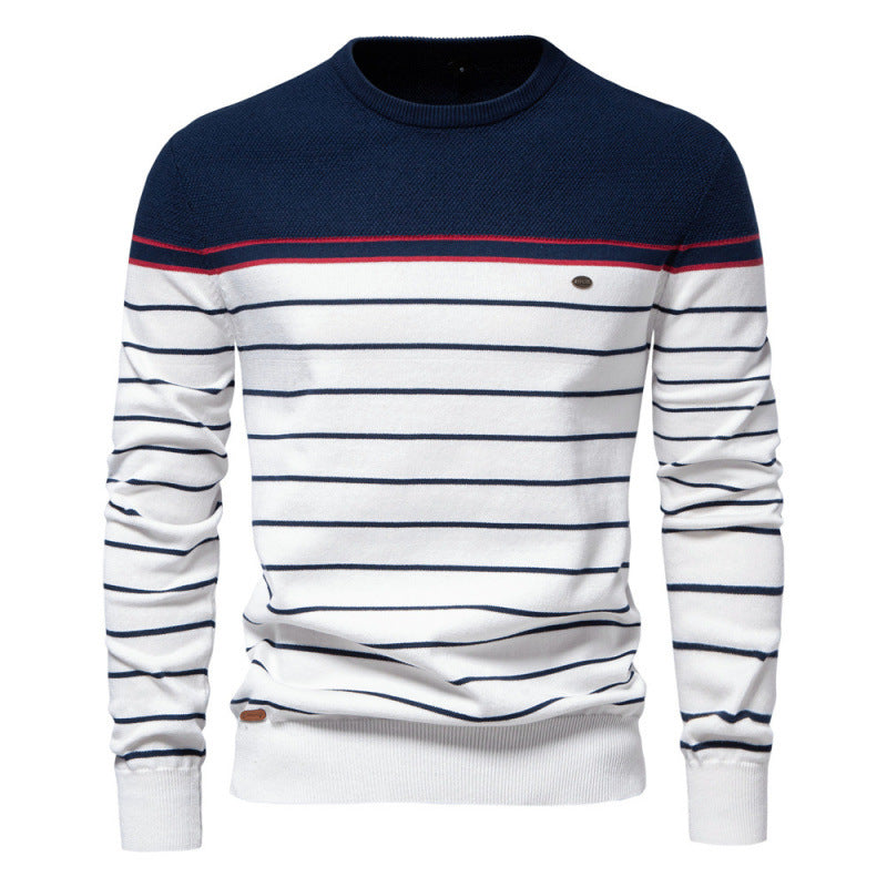 2024 autumn and winter new striped color matching long sleeve men's sweater fashion round neck men's casual sweater