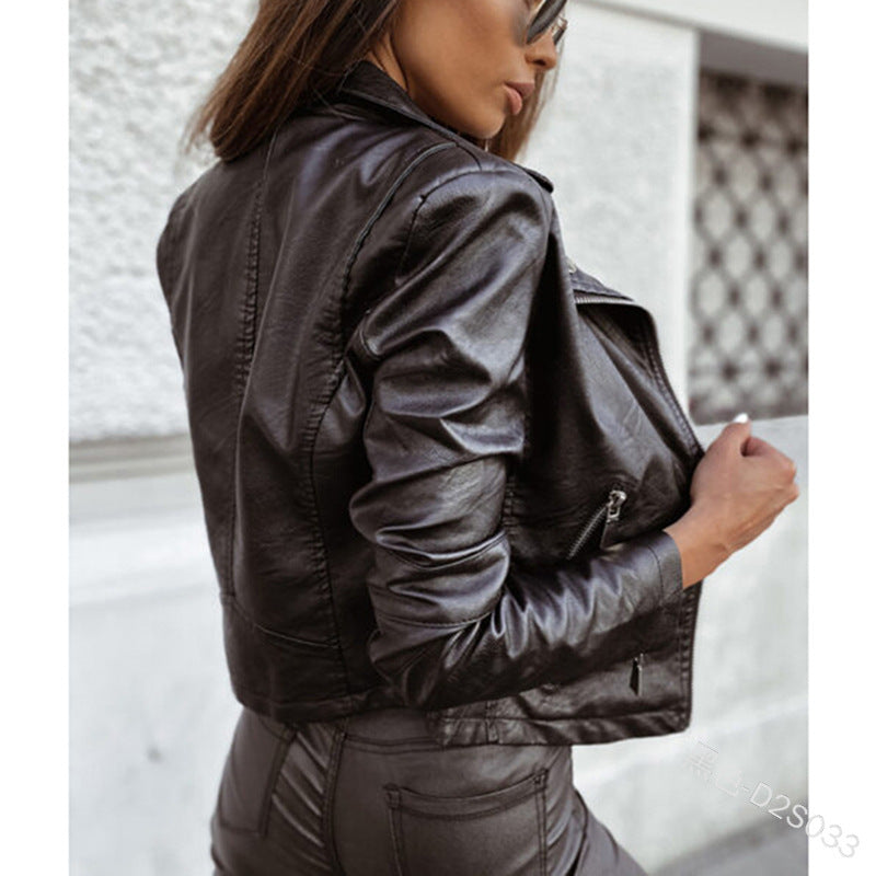 Cross-Border Export Spring, Autumn and Winter Imitation Leather Elegant Work Clothing Long-Sleeved European and American Zipper Lapel Slim Jacket D2S033
