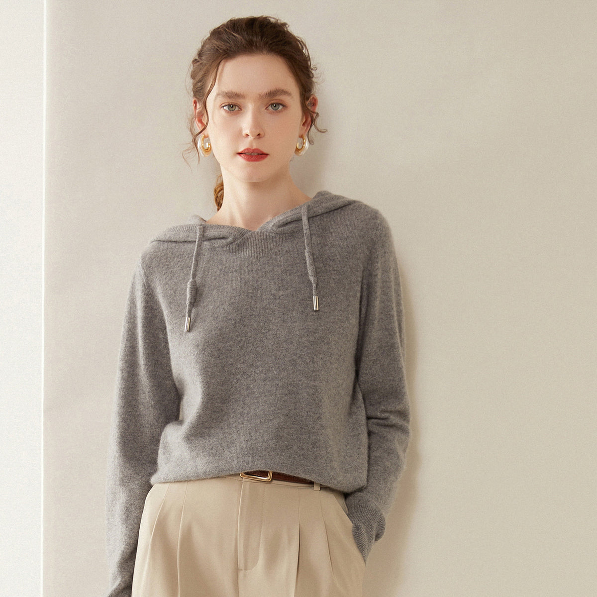 Light Luxury Solid Color 100% Pure Cashmere Hoodie for Women, Versatile for Commuting, Loose Knit Base Hoodie, Loose Fit