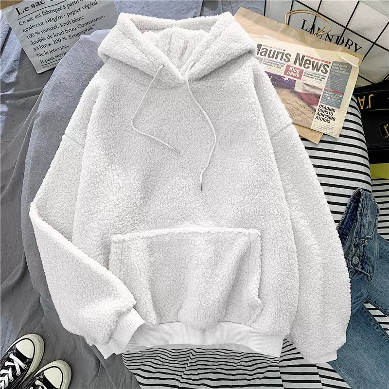 Cross-border Lambskin Sweater Women's Korean-style Fashionable Student Loose Bf Style Autumn and Winter fleece-lined Thickened Hoodie Top Coat