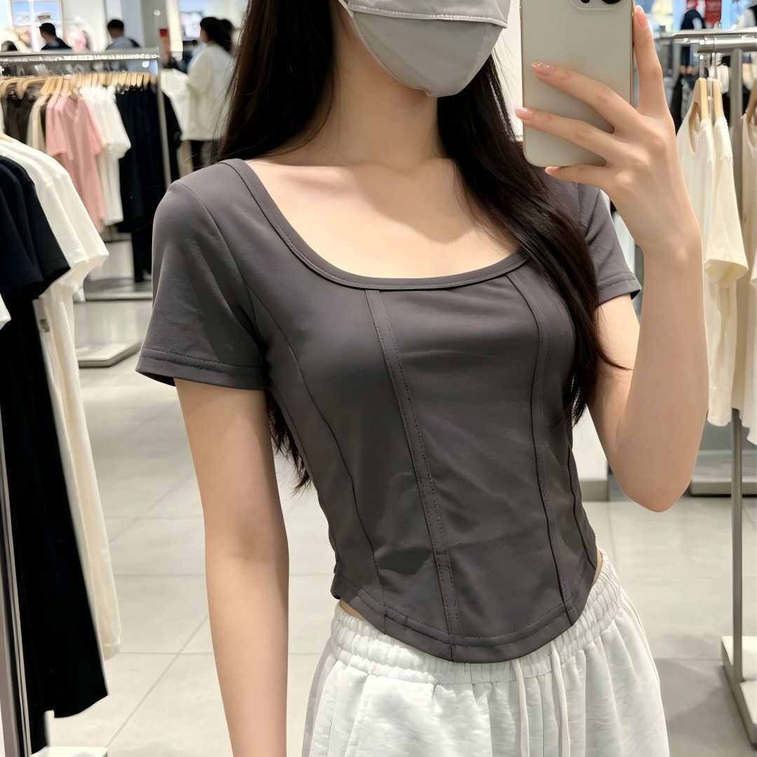 Short-Sleeved T-Shirt for Women Summer Retro Fishbone Design Niche Square Collar Chic Slim Top Trendy