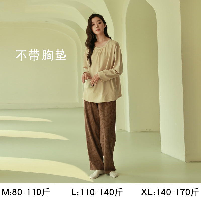 Women's Pajamas, Pure Cotton, Spring and Autumn Long-Sleeved Set, Large Size, High-End Striped Design, Can Be Worn Outside, with Chest Pads, Home Wear