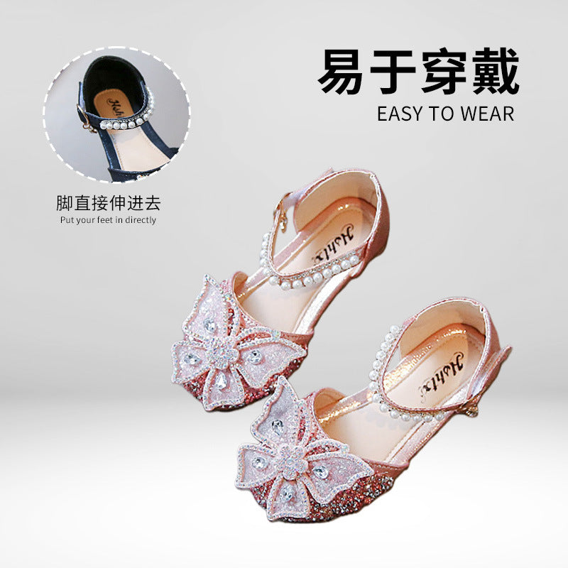 Girls Princess Shoes Cross-Border Summer New Bow Pearl Sandals Children's Single Shoes Baby High-Looking Small Leather Shoes