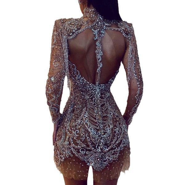 New Summer Cross-Border Amazon European and American Clothing Dress with Gold Backless Transparent Cut Out Sexy Miniskirt