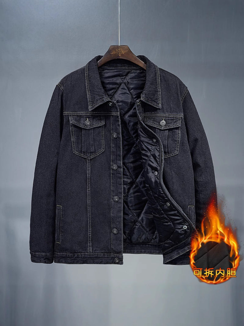 Fertilized Extra Large Loose Denim Coat fleece-lined Thickened plus size Men's Winter Jacket Warm Quilted Two-piece Top
