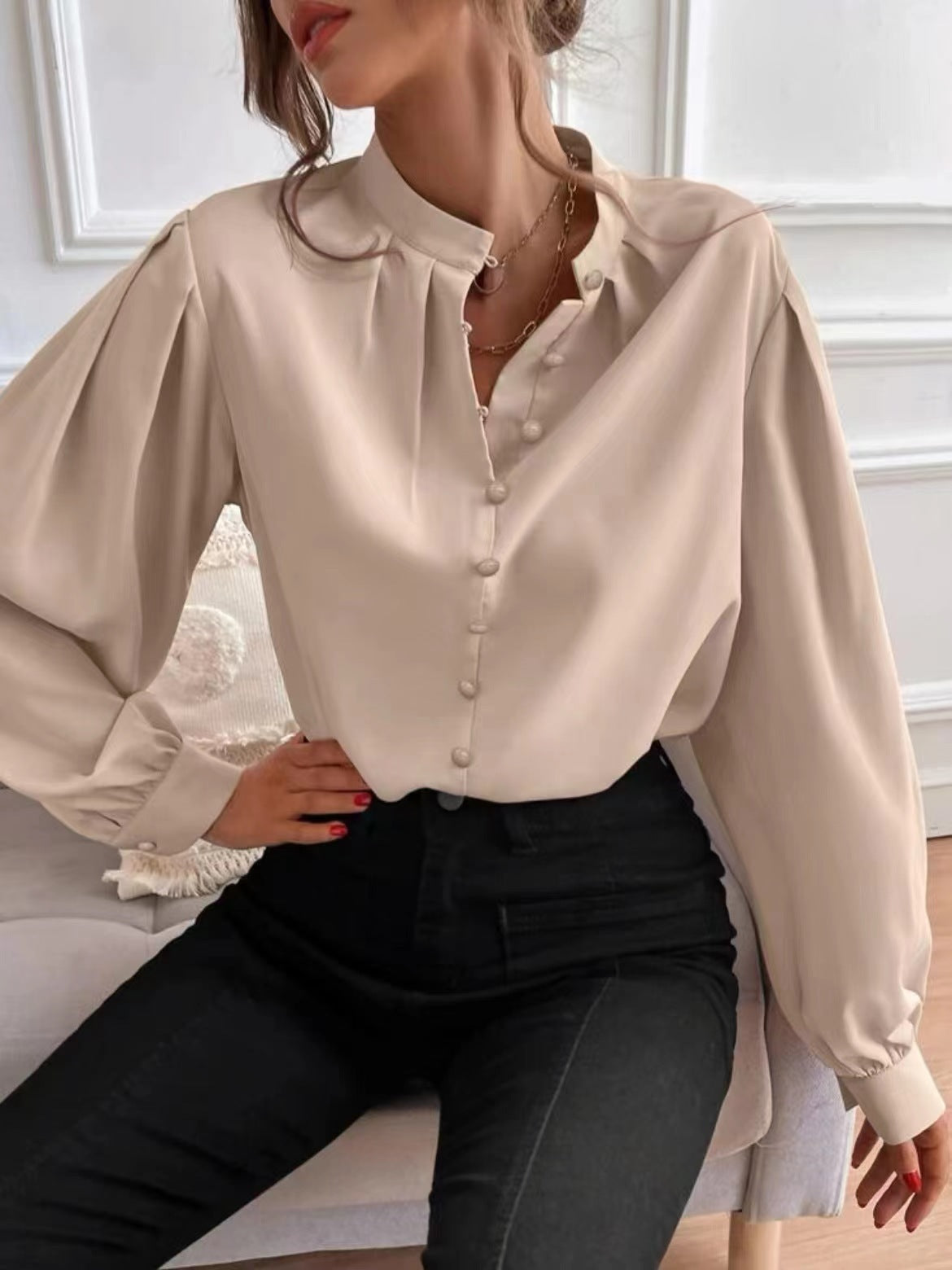 Women's Shirts 2024 Spring Amazon Foreign Trade New Elegant Solid Color Lapel Long Sleeve Single Row Button Loose Tops for Women