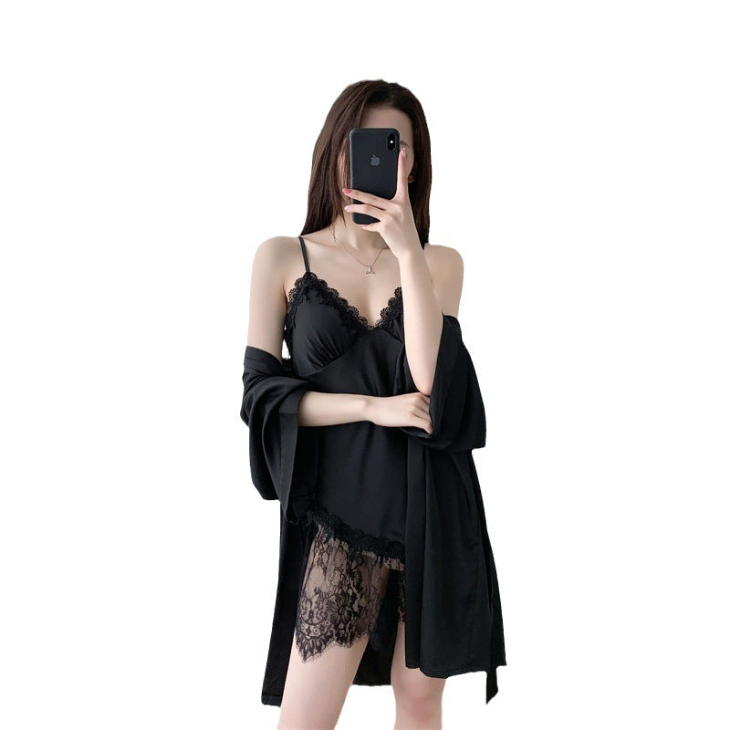 New women's pajamas sexy suspender nightgown two-piece suit ice silk lace pure desire style women's home wear